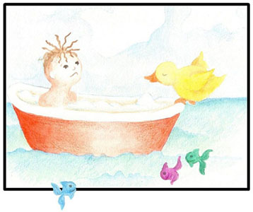 boy in bath tub with yellow duck